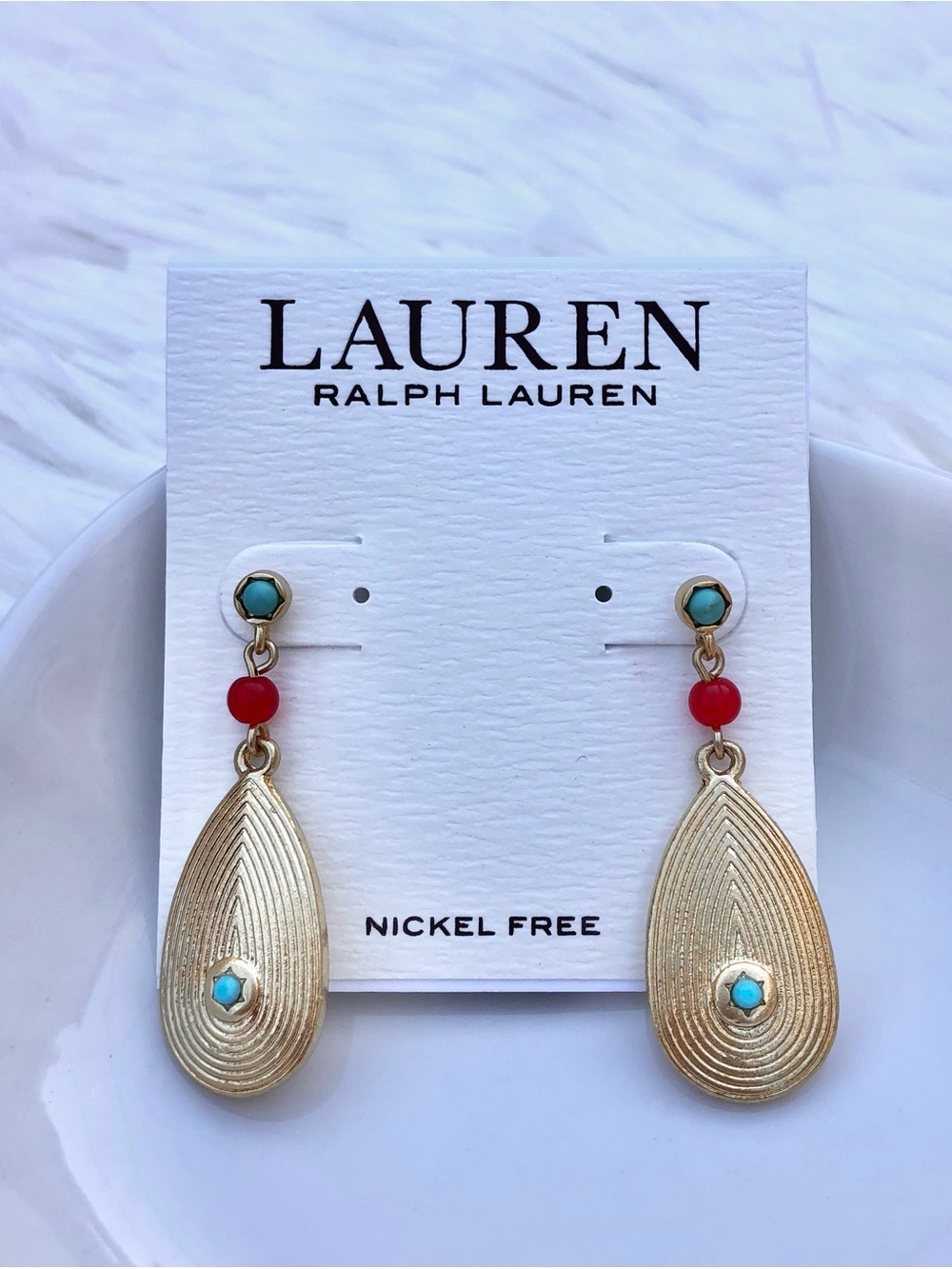 Ralph Lauren Gold Teardrop Earrings with Red and Turquoise Accents